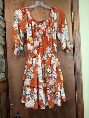 Floral Orange Mini Dress with Green Rose Print Size Large
